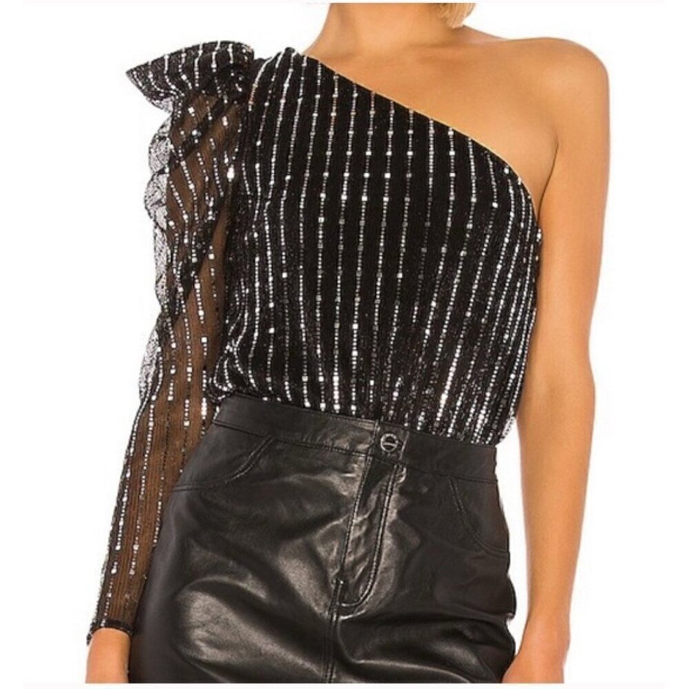 NEW! Lovers and Friends One Shoulder Puff Sleeve Chiffon Bodysuit Black Silver S